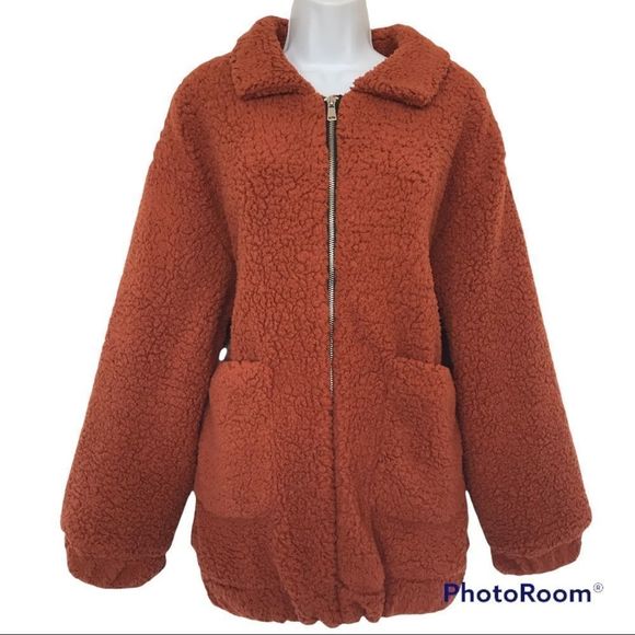 Zaful Women Solid Rust Zip Up Drop Shoulder  Oversized Teddy Cozy Sweate… - Picture 3 of 16